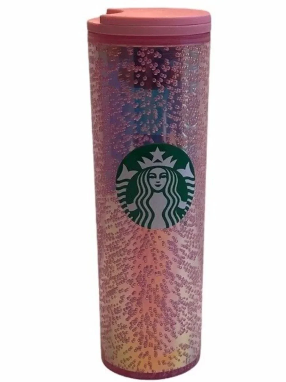 NEW Starbucks Travel Tumbler Cup Pink Bubbles Metallic Screw Top Lid
